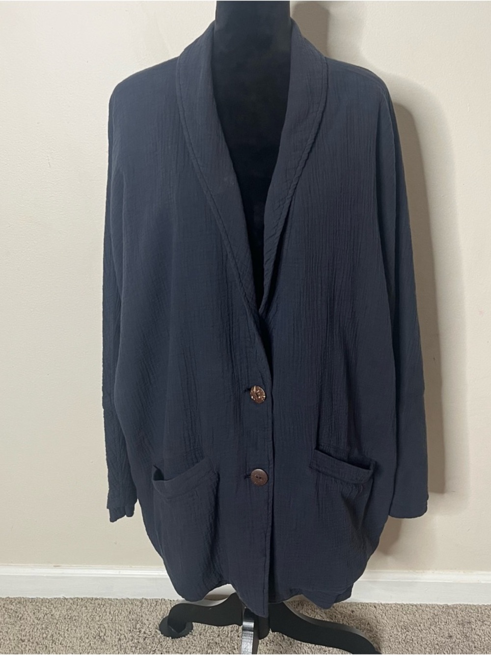 Free People Women’s Navy Blue cotton Gauze Dolman Sleeve Oversized Jacket Sz L